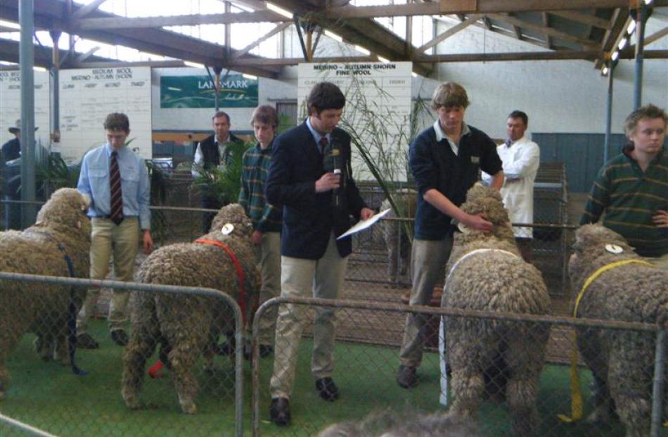 Will Gibson speaks about the full wool merino ram class in a merino junior judging competition at...