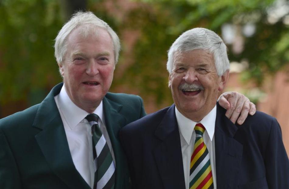 Worcester County Cricket Club chairman Percy Price (left) catches up with former county, Otago...