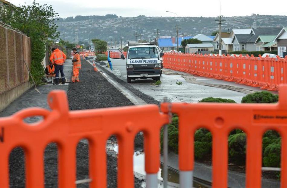 Work continues on the South Dunedin network cycleway on Tahuna Rd in May. Photo by Peter McIntosh.