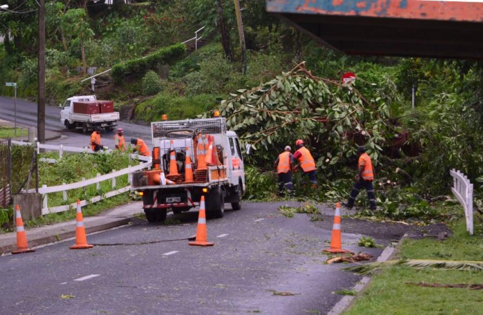 Workers clear fallen trees from a road in Suva after Cyclone Winston swept across Viti Levu...