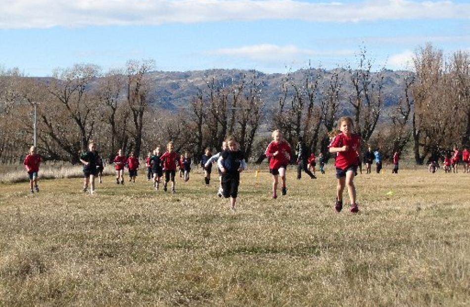 Years 1 and 2 girls race across a paddock in the Central Otago Small Schools Cross Country at...