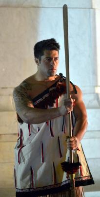 2/4 RNZIR Maori warrior Lance Corporal Lundon Williamson at the dawn service at Queens Gardens....