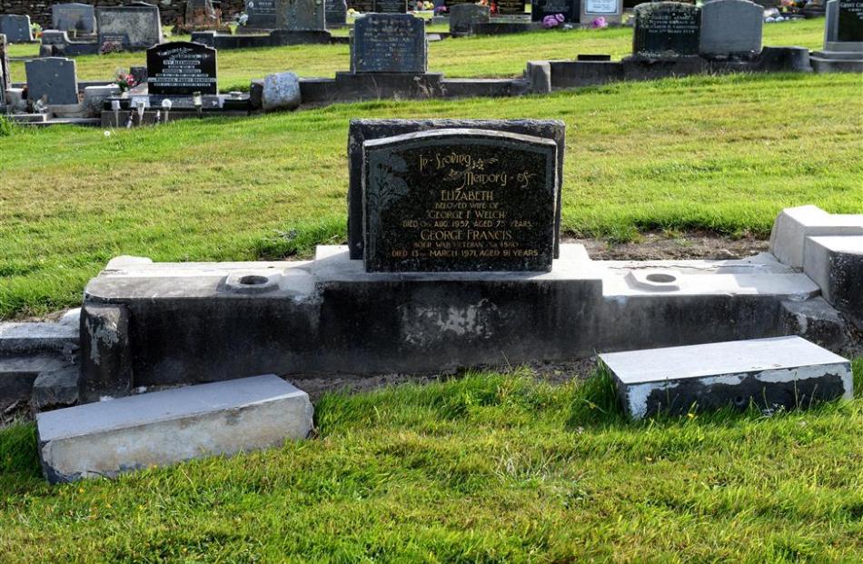 Damage done by vandals to headstones at the West Taieri Cemetery last month. Photo by ODT.