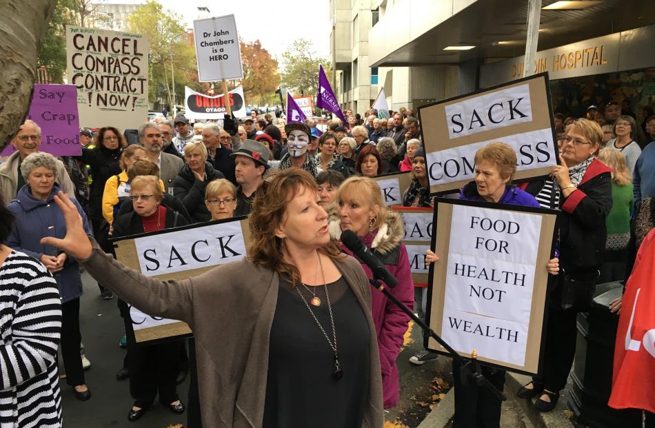 Dunedin South MP Clare Curran speaks at the protest outside Dunedin Hospital. Photo: Craig Baxter