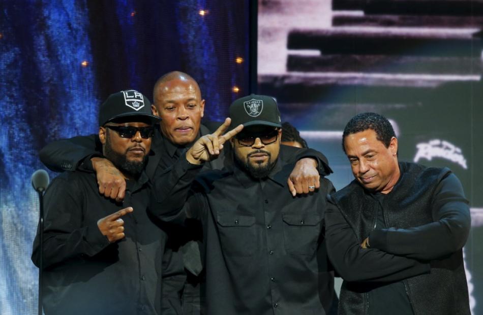 MC Ren, Dr Dre, Ice Cube and DJ Yella of NWA pose for a picture onstage in Brooklyn, New York....