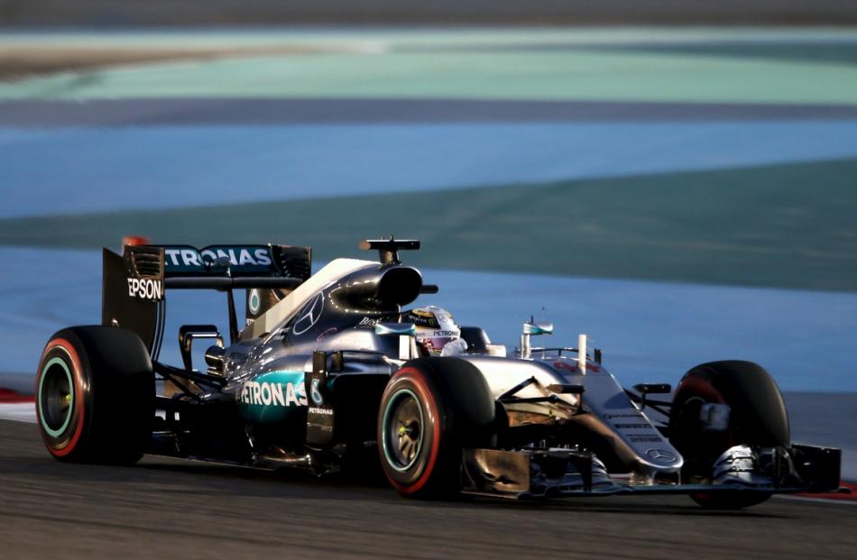 Mercedes F1 driver Lewis Hamilton of Britain drives during qualifying session for Bahrain F1 GP....