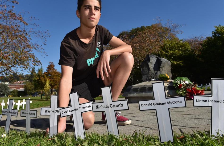 Michael Lydiate (14), of Dunedin, attended a Workers Memorial Day ceremony in the city yesterday,...