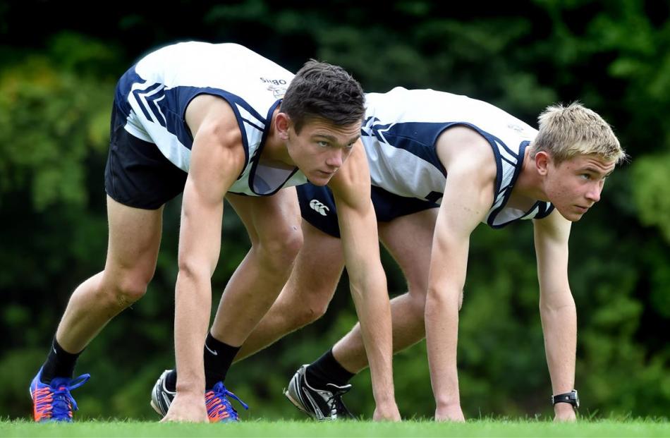 Otago Boys’ High School pupils Liam Turner (left) and Nathan Hill train at Littlebourne recently....