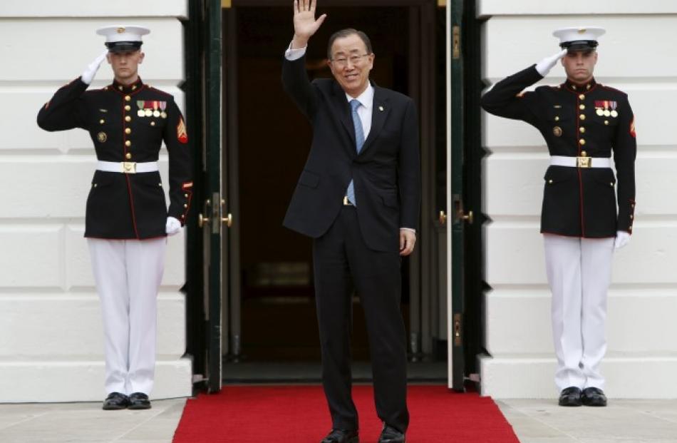 UN Secretary-General Ban Ki-moon arrives for a working dinner with heads of delegations for the...