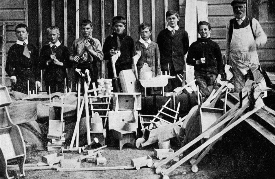 Waikouaiti schoolboys with a varied assortment of toys and other serviceable items made in their...
