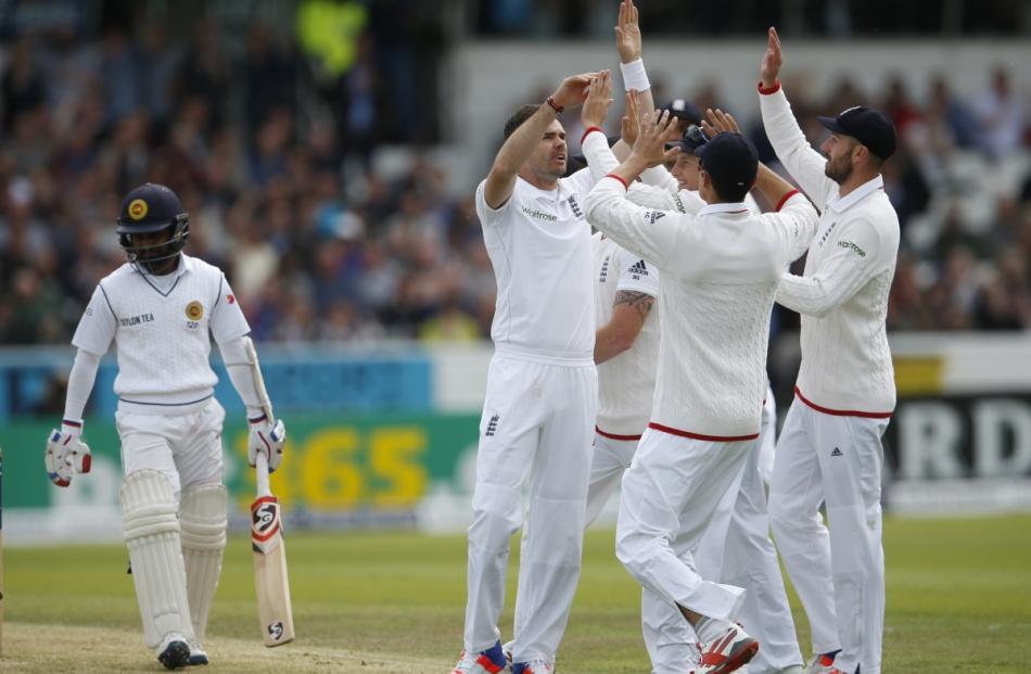 England's James Anderson celebrates after dismissing Sri Lanka's Kaushal Silva. Photo by Reuters