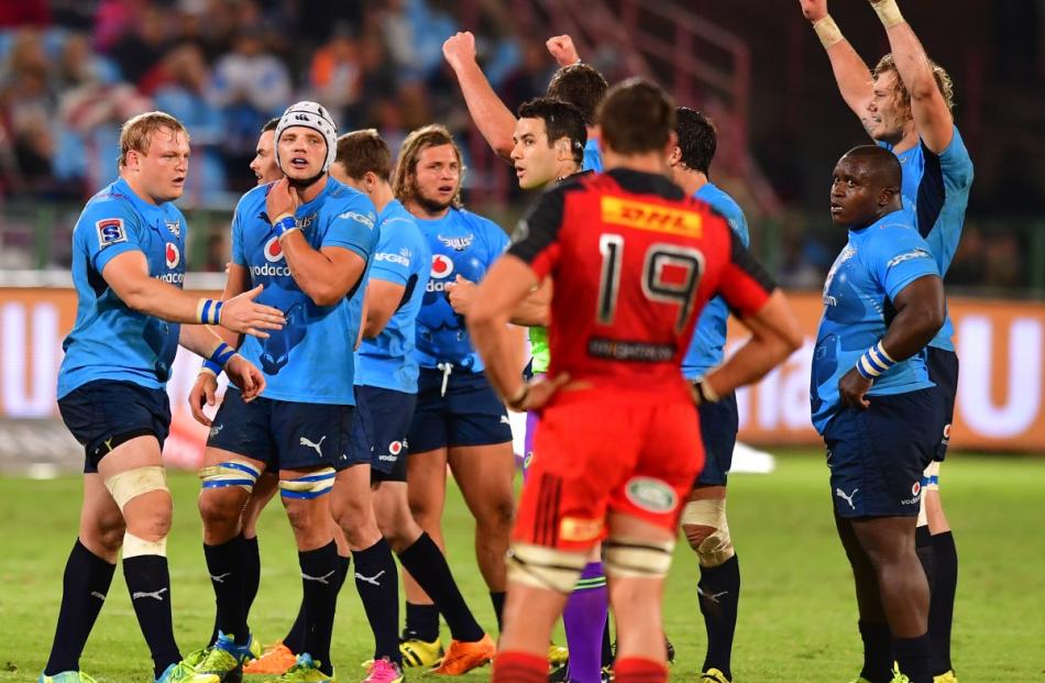 Bulls celebrate during the Super Rugby match between Vodacom Bulls and DHL Stormers at Loftus...