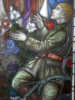 Detail of a memorial to William David Jolly on a stained glass window in the Cromwell...