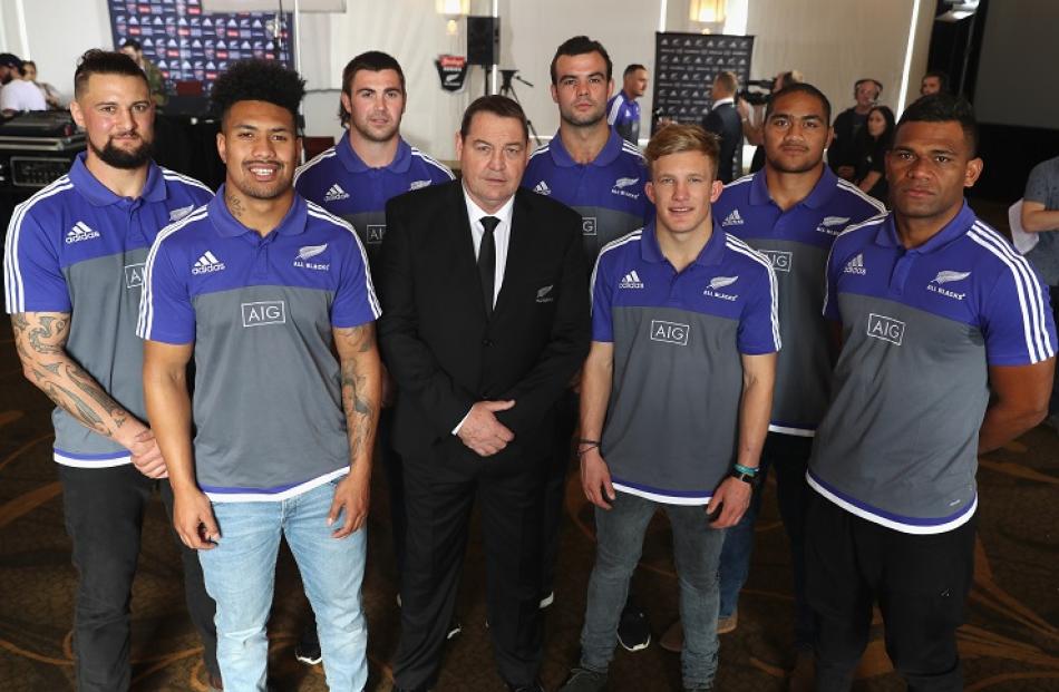 New caps (L-R) Elliot Dixon, Ardie Savea, Liam Squire, coach Steve Hansen, Tom Franklin, Damian...