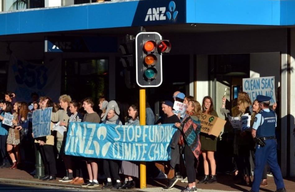 Protesters outside the ANZ on the corner of George and Hanover Sts.  Photo: Gerard O'Brien
