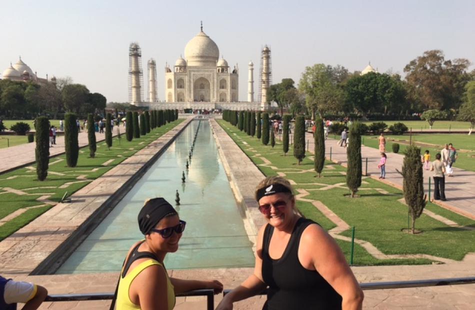 Stacy McTaggart (left) and Jendi Paterson stop to check out the Taj Mahal during the Rickshaw Run...