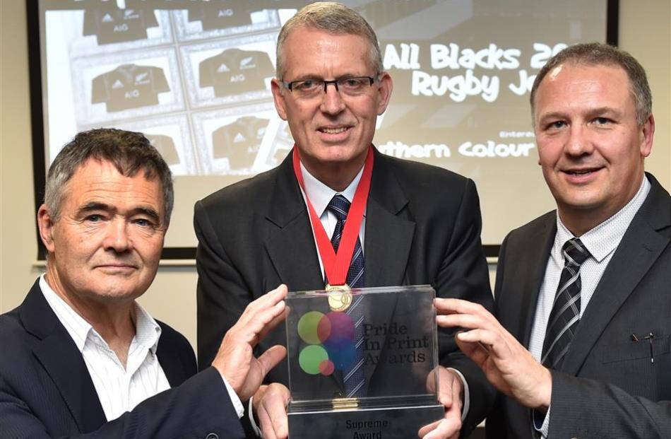 Dunedin Mayor Dave Cull (left), Southern Colour Print managing director Sean McMahon (centre),...