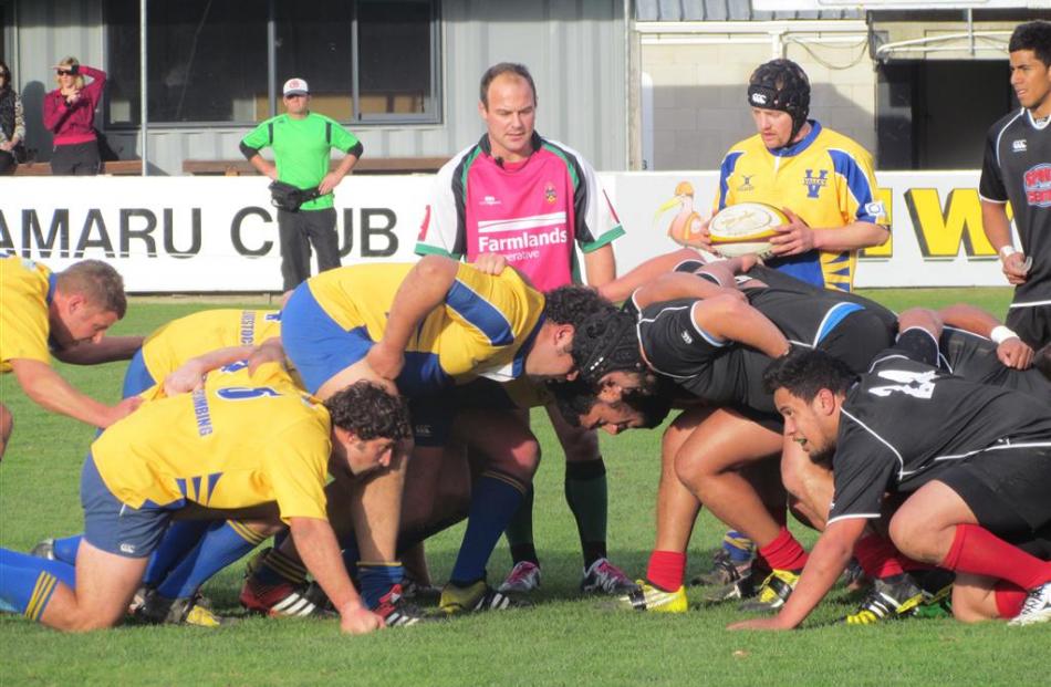 South Canterbury referee Chris Paul overlooks a scrum between Valley (left) and Old Boys at...