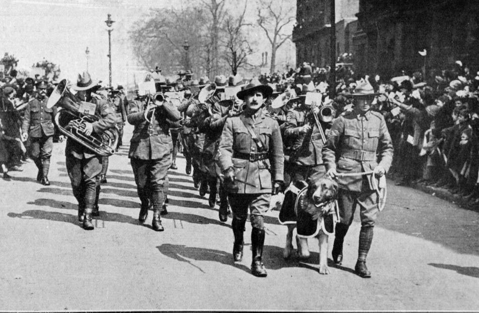 The heroes of Gallipoli in London on Anzac Day. The Anzacs' Band led by the mascot of a regiment....