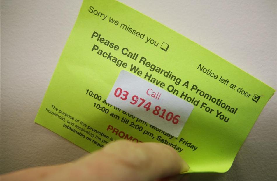 The sticker being left at homes in Oamaru. Photo by Shannon Gillies.