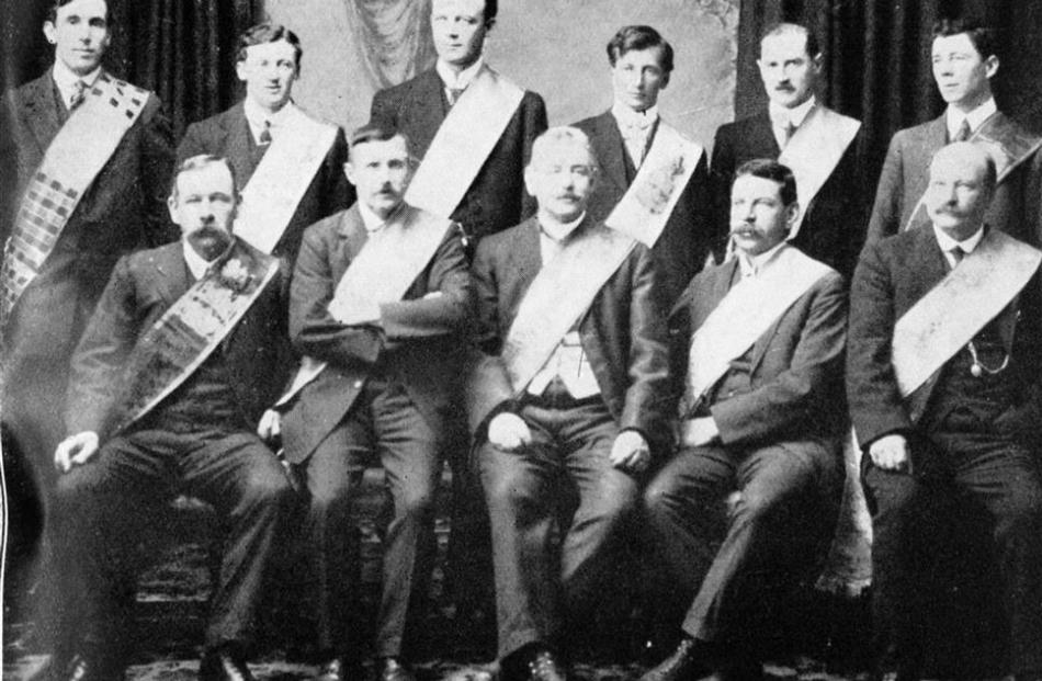 Tuapeka Pioneer Lodge on the occasion of its Jubilee. Standing (from left): E.S. Bro. W.H. Grigg,...