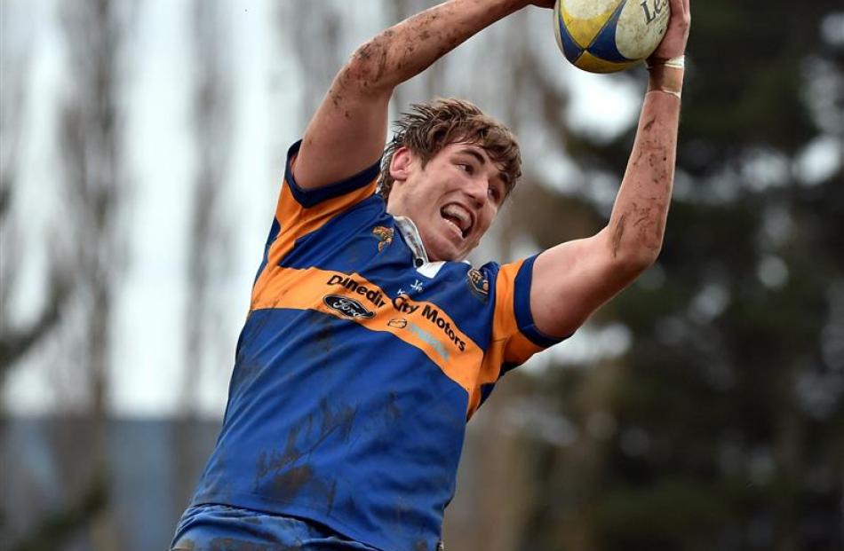 Josh Larsen takes the ball during a lineout while playing for Taieri against Southern last year....