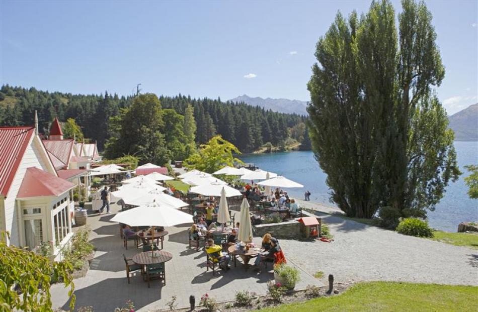 The lakeside terrace at the Colonel's Homestead, Walter Peak Station.