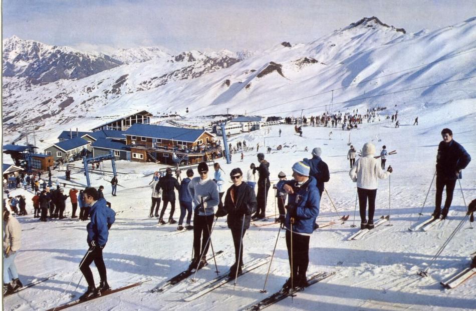Skiers pose for a picture at Coronet Peak in the 1970s.  Photos: Lakes District Museum.