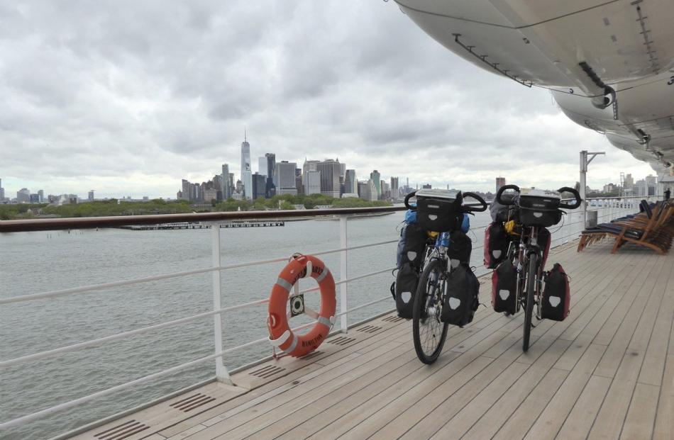 Kel and Sharon Fowler’s Hungarian bikes aboard Queen Mary 2, docked in New York.