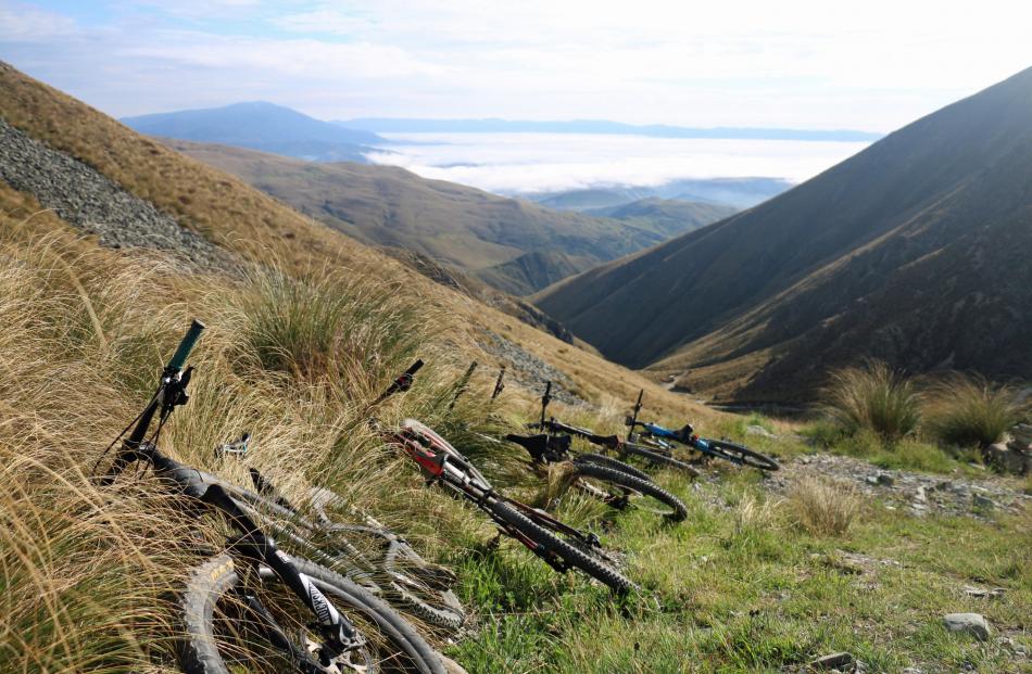 The equipment line-up before the Mountain Biking North Otago Club's ride to the summit of Mt...