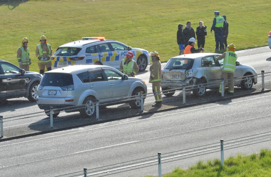 Two cars crashed on Dunedin's Southern Motorway this morning. Photo: Gerard O'Brien