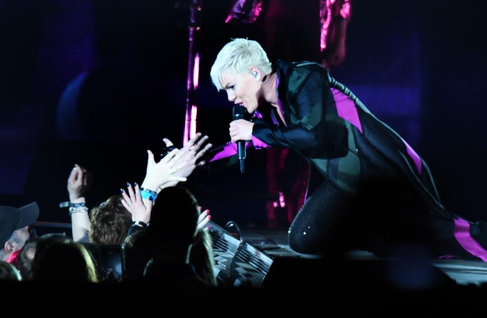 Pink performs at Forsyth Barr Stadium last night. 