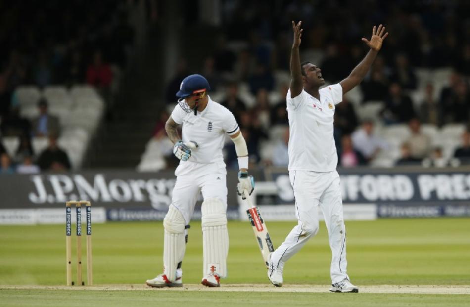 Sri Lanka’s Angelo Mathews celebrates the wicket of Alex Hales. Photo:Action Images via Reuters