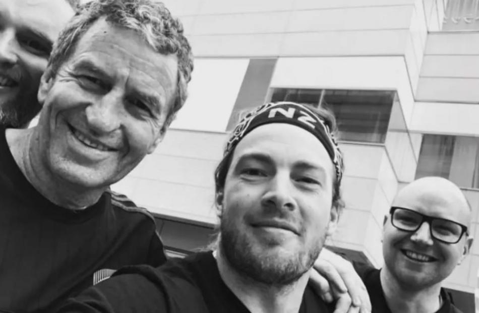 Kim Boustridge (right), Andy Peat (left) and Adam John with NZ coaching legend Wayne Smith at the...