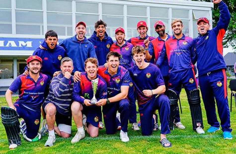 Sydenham’s premier men’s team celebrate winning the Christchurch Metro T20 competition for the...