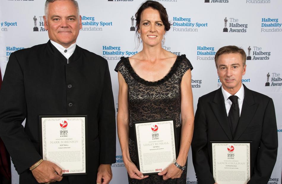 Lesley Rumball (nee Nicol) being inducted into the NZ Sport Hall of Fame with Mark Sorensen (left...