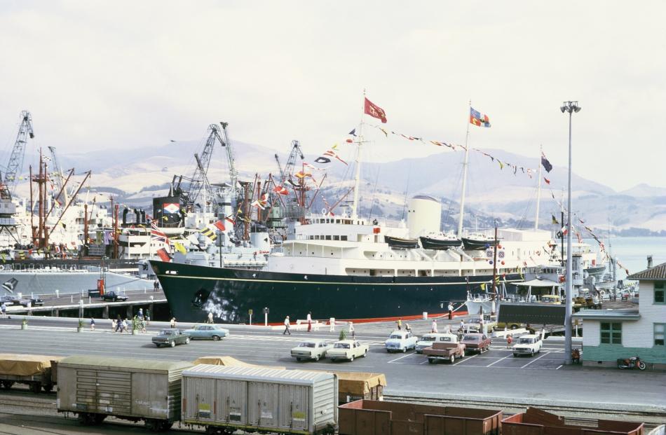 The Royal Yacht Britannia moored in Lyttelton for the 1974 British Commonwealth Games. Photo:...