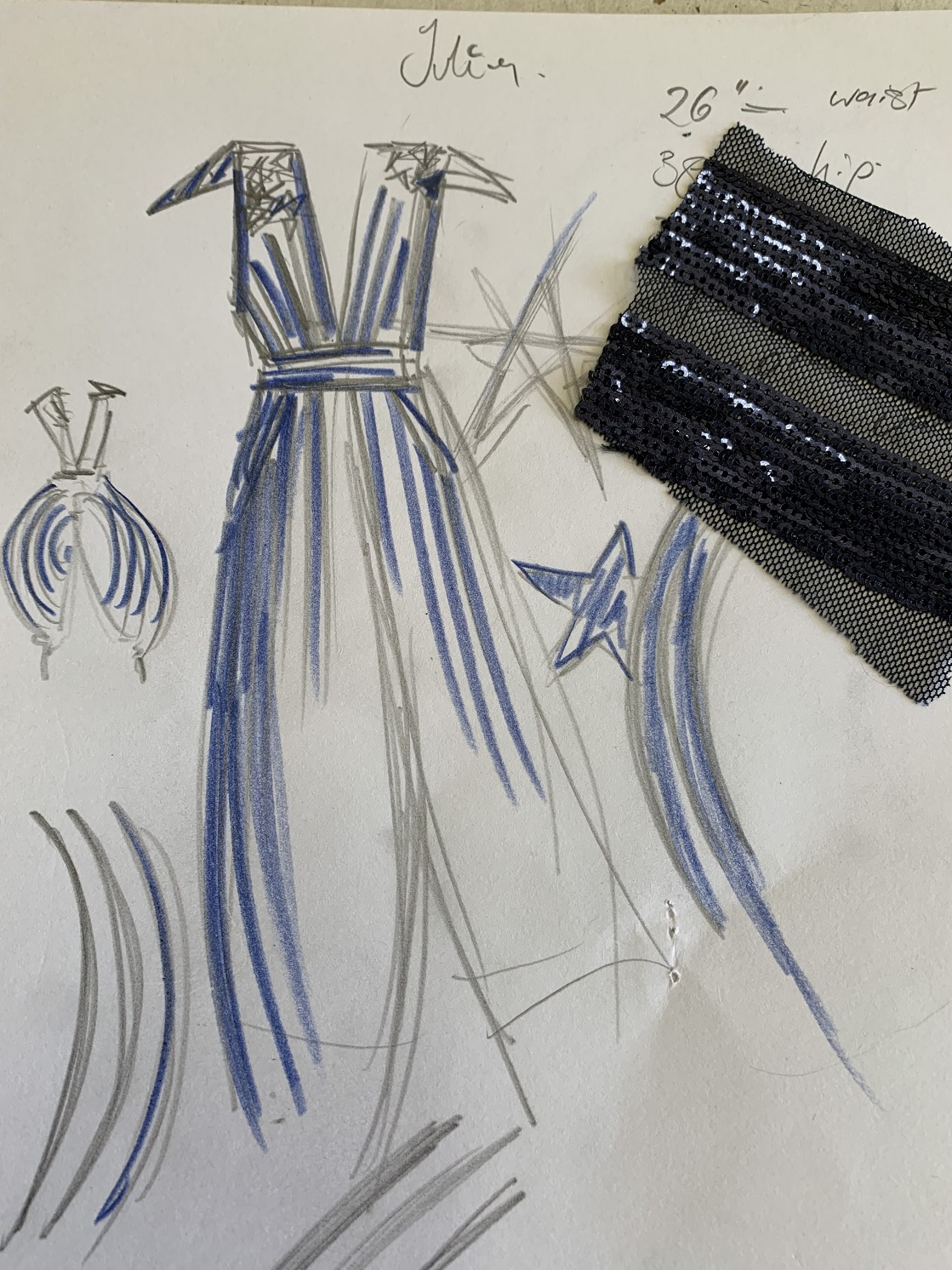 A sketch and fabric sample of the sequined jumpsuit designed for Deans’ David Bowie tribute gig.