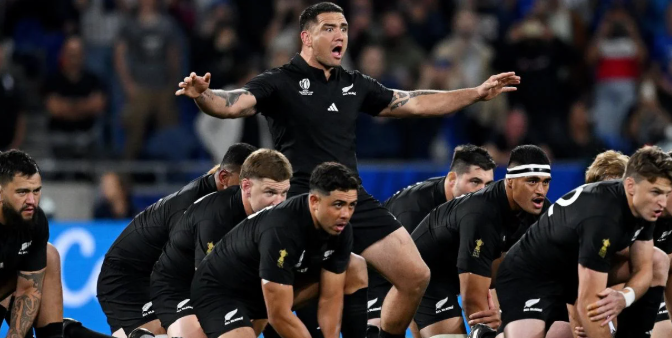 All Blacks and Crusaders hooker Codie Taylor leading the haka. Photo: Getty Images