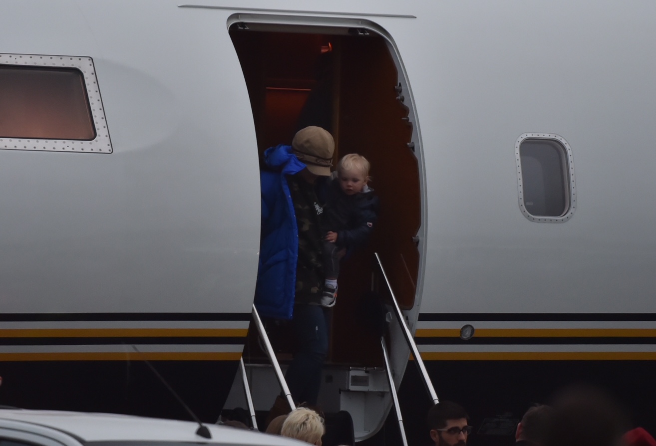 Pink prepares to disembark the private jet. Photo: Gregor Richrdson