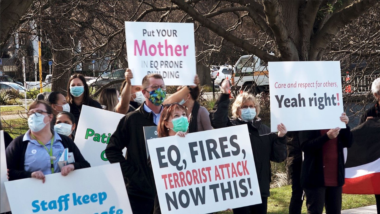 About 200 doctors and nurses have gathered outside Canterbury District Health Board's office in...