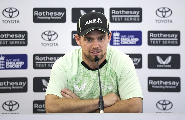 Tom Latham speaks at a press conference at the Oval yesterday ahead of the second test against...