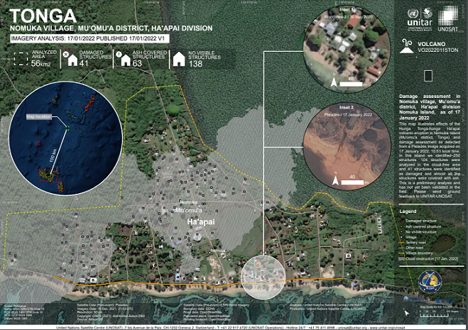 Damage on the small island of Nomuka, in the Ha'apai group in Tonga. Image: Unosat 