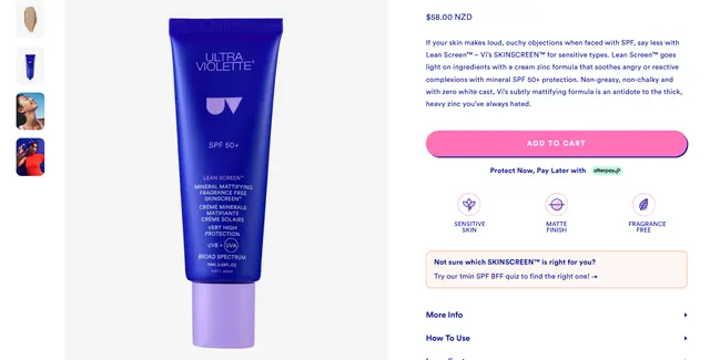 A screenshot of Ultra Violette Lean Screen SPF50+ Mattifying Zinc Sunscreen which returned an SPF...