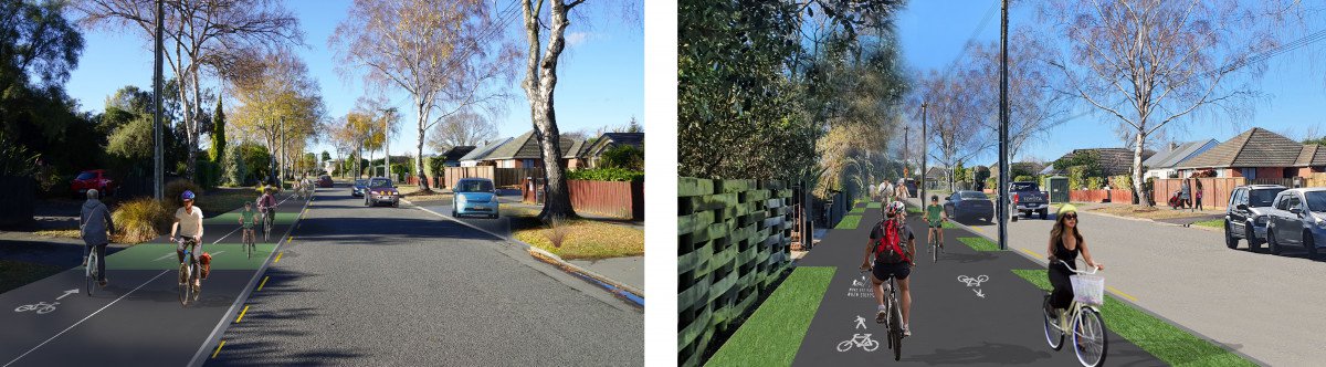 Visualisations of Aorangi Rd looking north, with option A on the left and option B on the right....