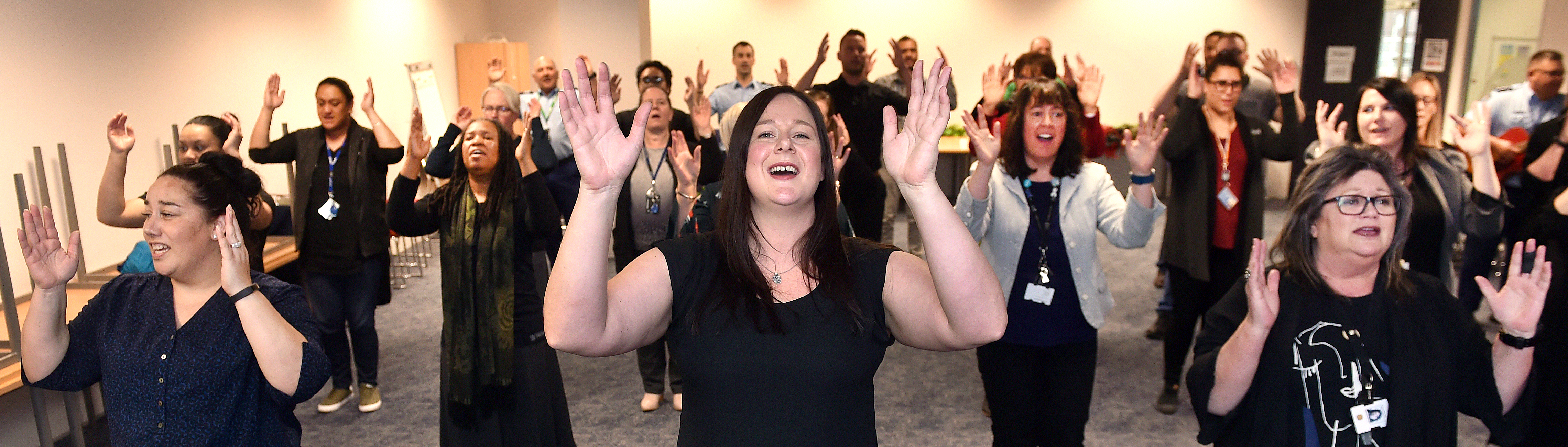 Performing at a rehearsal are members of Dunedin waiata group, including (front from left) Tinaka...