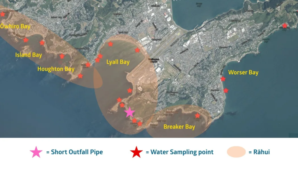 A graphic showing beaches affected by sewage. A rāhui has been placed on the area. Photo:...