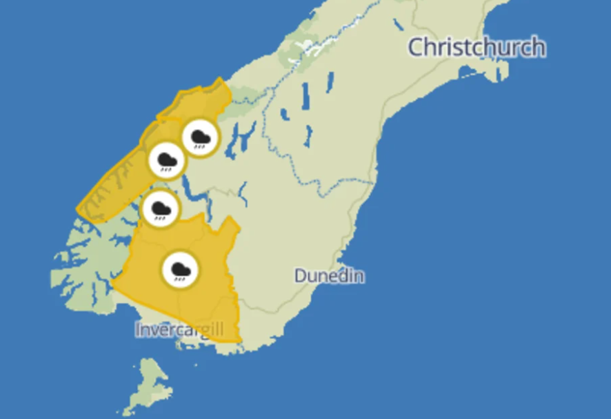 MetService issued heavy rain watches for parts of the South Island. Image: MetService