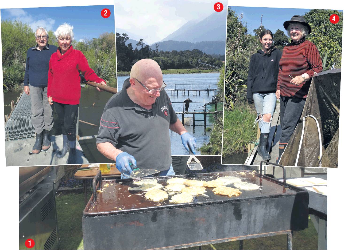 1: John Nailer cooks up whitebait caught in the Okuru River at the Haast Whitebait Festival. 2:...