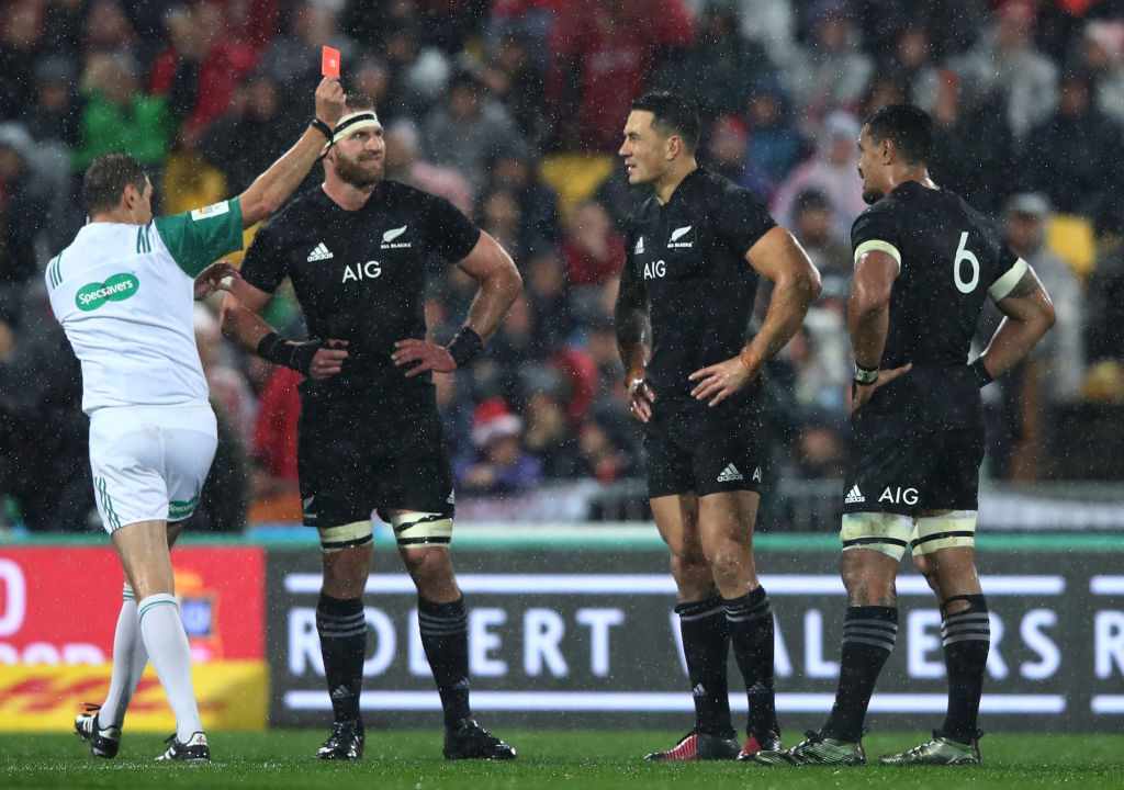 Sonny Bill Williams of the All Blacks walks off the pitch after being shown the red card by...